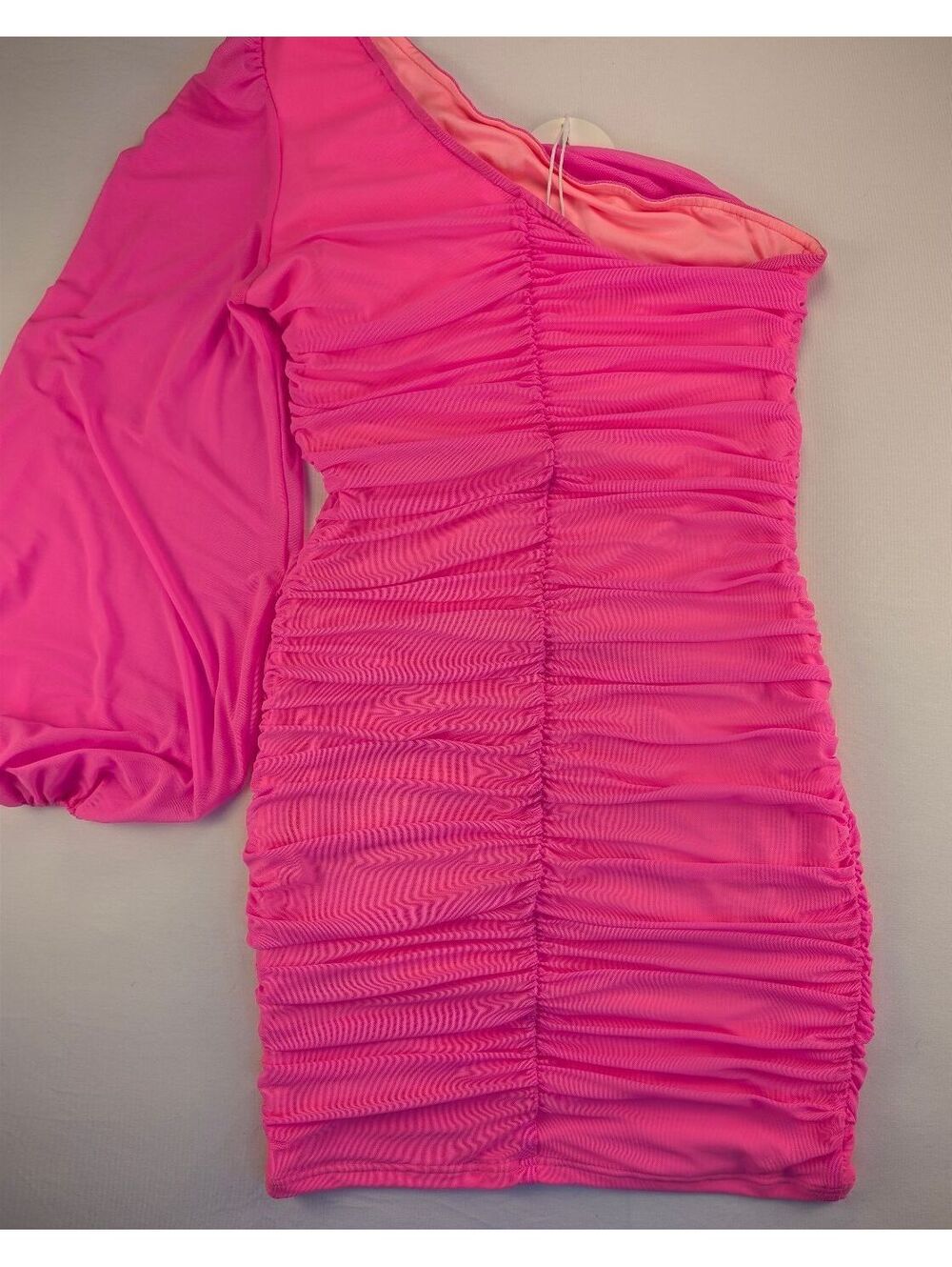 Anrabess Pink One-Shoulder Ruched Bodycon Dress with Long Sleeve - Picture 7 of 9